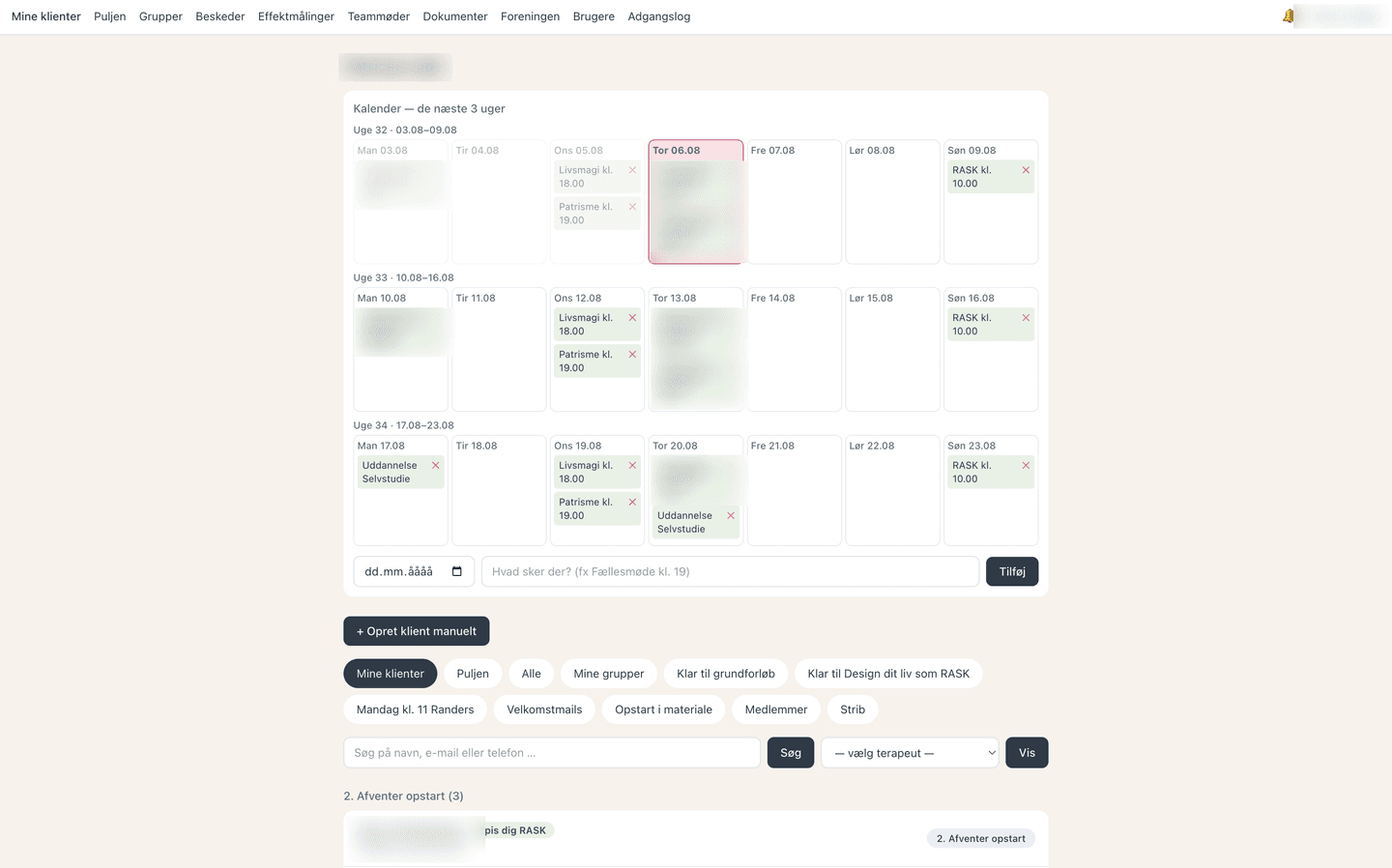 The client platform behind Huset RASK, personal data anonymised